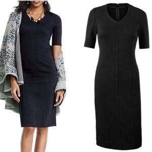 NWOT Cabi Claire Black Ponte Knit V Neck Midi Sheath Dress LBD Elegant Size 10